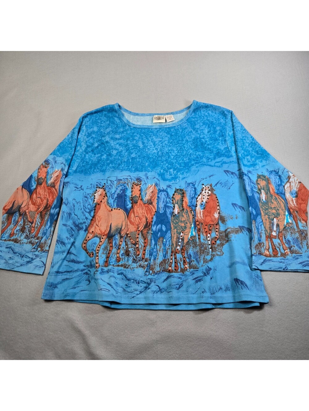 Rods Western Palace Horse Shirt Women 3X Blue Sequin Cowgirl Graphic Tee Top